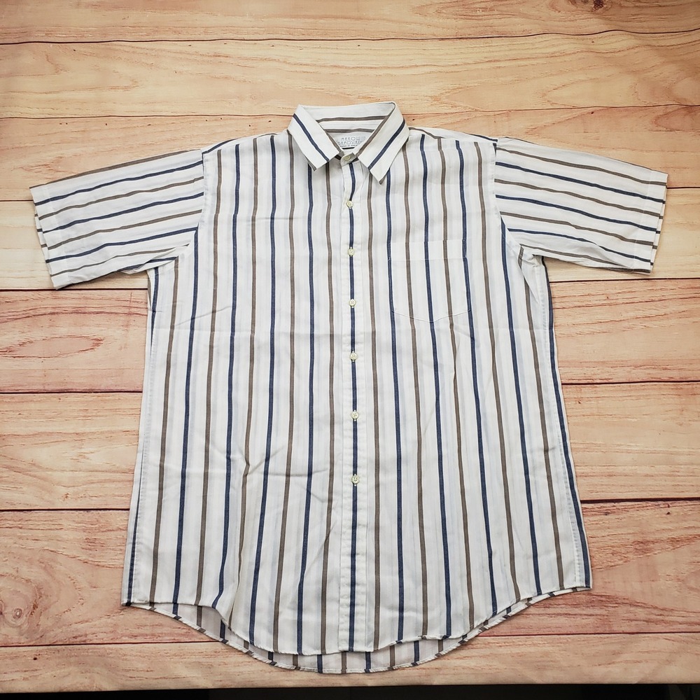 VINTAGE Arrow Bradstreet Shirt Mens 16 White Blue Short Sleeve Button Up Striped